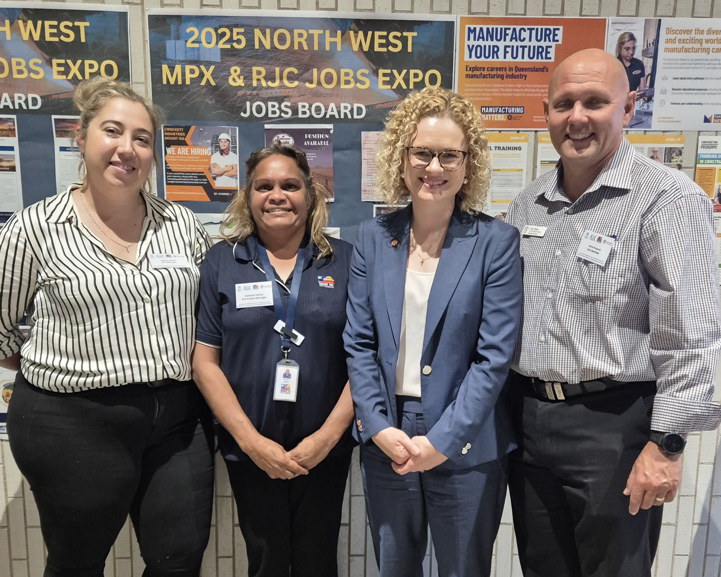 RJC Project Manager Natasha Storey with RJC Members Chris Pocock and Robyn Braes, pictured alongside The Hon. Amanda Stoker at the 2025 MPX & RJC Jobs Expo in Mount Isa.