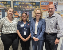 RJC Project Manager Natasha Storey with RJC Members Chris Pocock and Robyn Braes, pictured alongside The Hon. Amanda Stoker at the 2025 MPX & RJC Jobs Expo in Mount Isa.